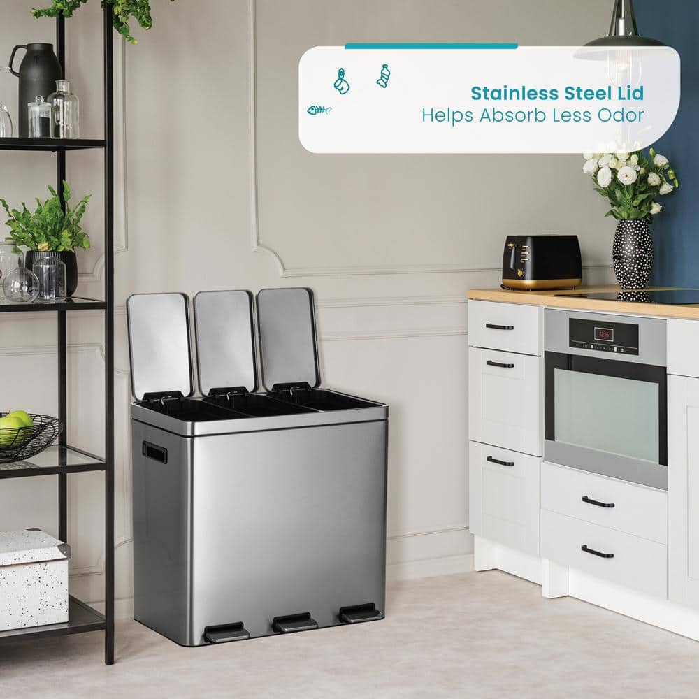15.9 Gallon Stainless Steel Triple Compartment Pedal Trash Can