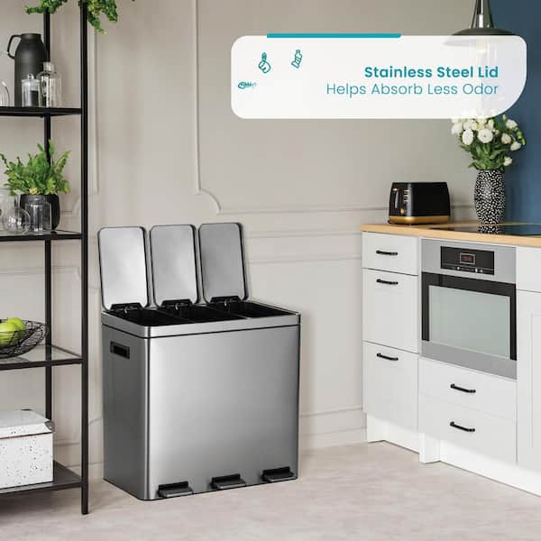 Home Zone Living 15.8 gal. Stainless Steel Step on Kitchen Trash Can with Dual Compartments and Soft Close Lids, Silver
