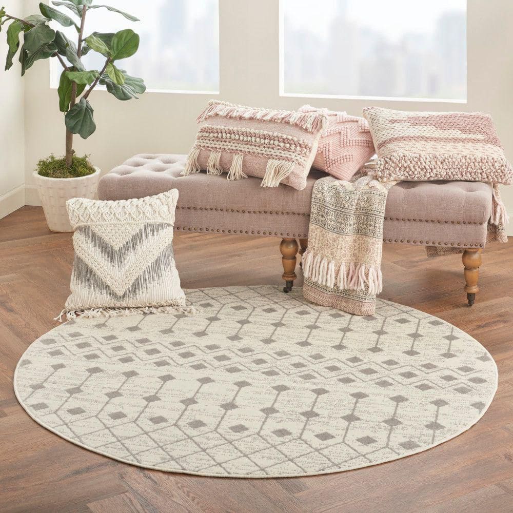 Ivory and Grey Geometric Round Synthetic Area Rug, 63"