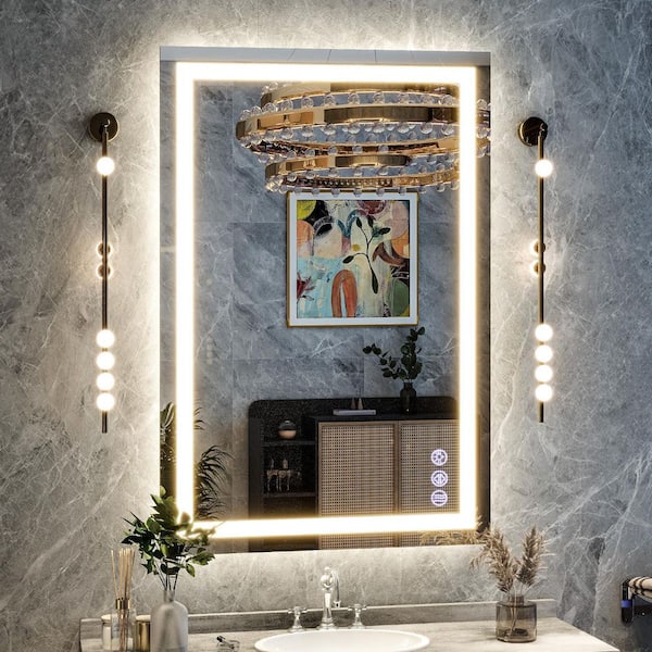 26 in. W x 38 in. H LED Light Anti-Fog Rectangular Modern Frameless White Wall Mirror