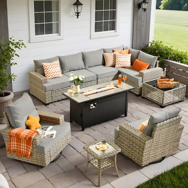 Toject Torino Gray 10-Piece Wicker Outdoor Patio Conversation Sofa Sectional Set with a Metal Fire Pit and Dark Gray Cushions
