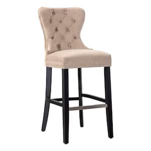 Harper 29 in. High Back Nail Head Trim Button Tufted Taupe Velvet Bar Stool with Solid Wood Frame in Black