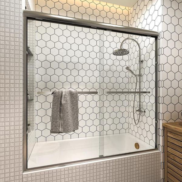 56 to 60 in. W x 58 in. H Sliding Framed Tub Door in Brushed Nickel with Clear Glass
