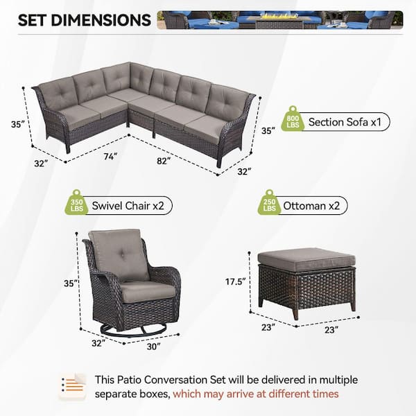 6-Piece Brown Wicker Patio Conversation Set with Olefin Gray Cushions L-Shaped Sofa with Ottoman/Swivel Patio Chairs