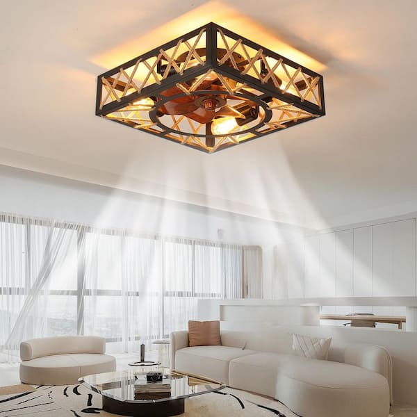 Byteany 18 in. Black Indoor Square Caged Industrial Ceiling Fan with Light and Reversible motor, Remote Control