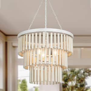 Modern 18.5 in. 3-Light Antique White Wooden Chandelier, Coastal Bedroom Chandelier, Farmhouse Hanging Pendant Light