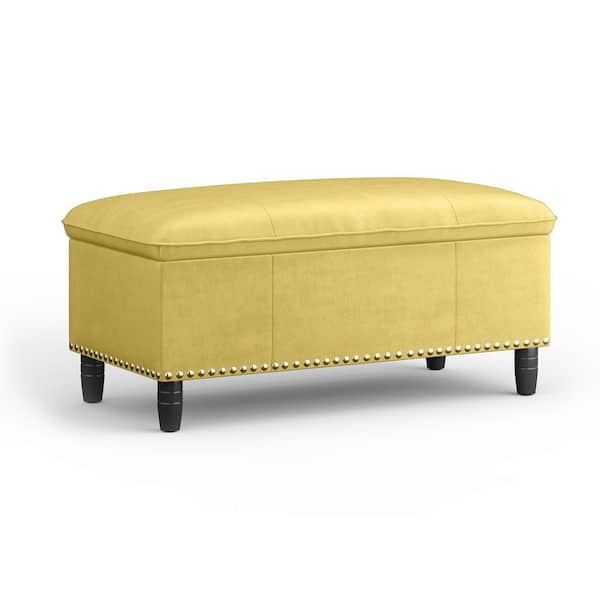Simpli Home Emily 39 in. Wide Traditional Rectangle Storage Ottoman in Dijon Yellow Velvet Fabric