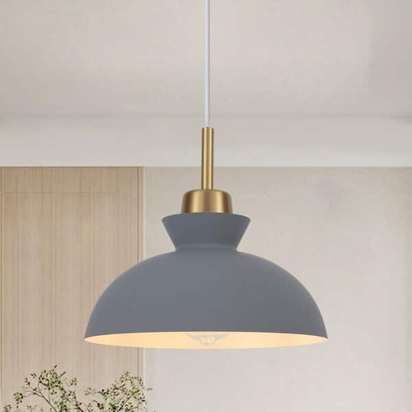 1-Light Simple Gray Single Dome Pendant Light with Metal Shade