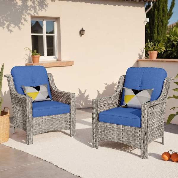 Toject Eureka Gray Modern Wicker Outdoor Lounge Chair Seating Set with Navy Blue Cushions (2-Pack)