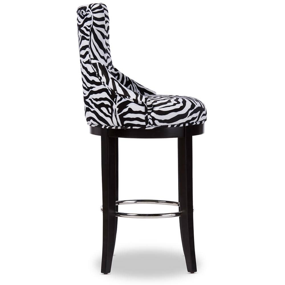 Modern Black and White Zebra Print Upholstered Bar Stool with Metal Accents