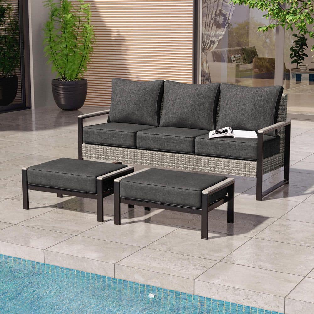 3 Pieces Patio Conversation Set Sofa with Ottomans All-Weather PE Rattan Gray Wicker with Black Cushion price history on PriceWatchPro