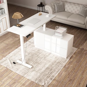 54.3 in. W L-Shaped White Adjustable Height Desk Ergonomic Workstation Home Office with Pop-Up Design Cabinet Drawers