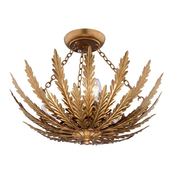 Ozette 18 in. W Heritage Gold Semi Flush Mount Ceiling Light Fxiture with Leaf Motif