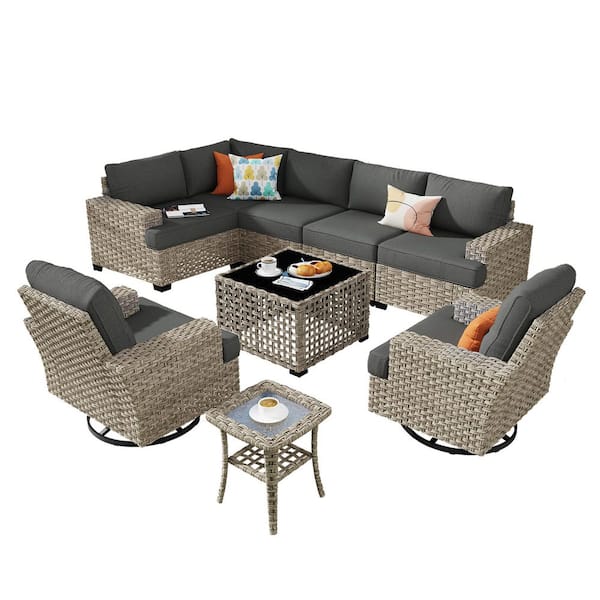 Eunoia 9-Pieces Wicker Patio Conversation Seating Sofa Set with Black Cushions and Swivel Rocking Chairs