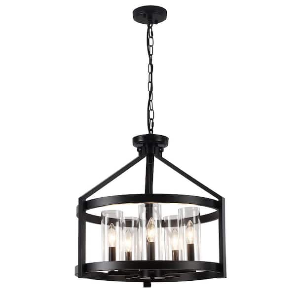 20.31 in. 5-Light Matte Black Drum Chandelier with Glass Shade and No Bulbs Included For Dinning Room Foyer