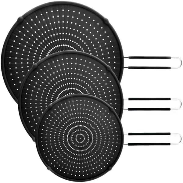 13 in. 11.4 in. 9.8 in. Heat-Resistant Silicone Splatter Screen for Frying Pan Cooking, Black (3-Pack)