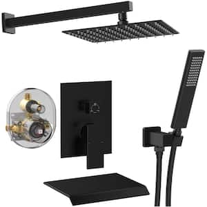 1-Spray Square Shower System Fixed Shower Head and Tub Faucet with Hand Shower in Matte Black (Valve Included)