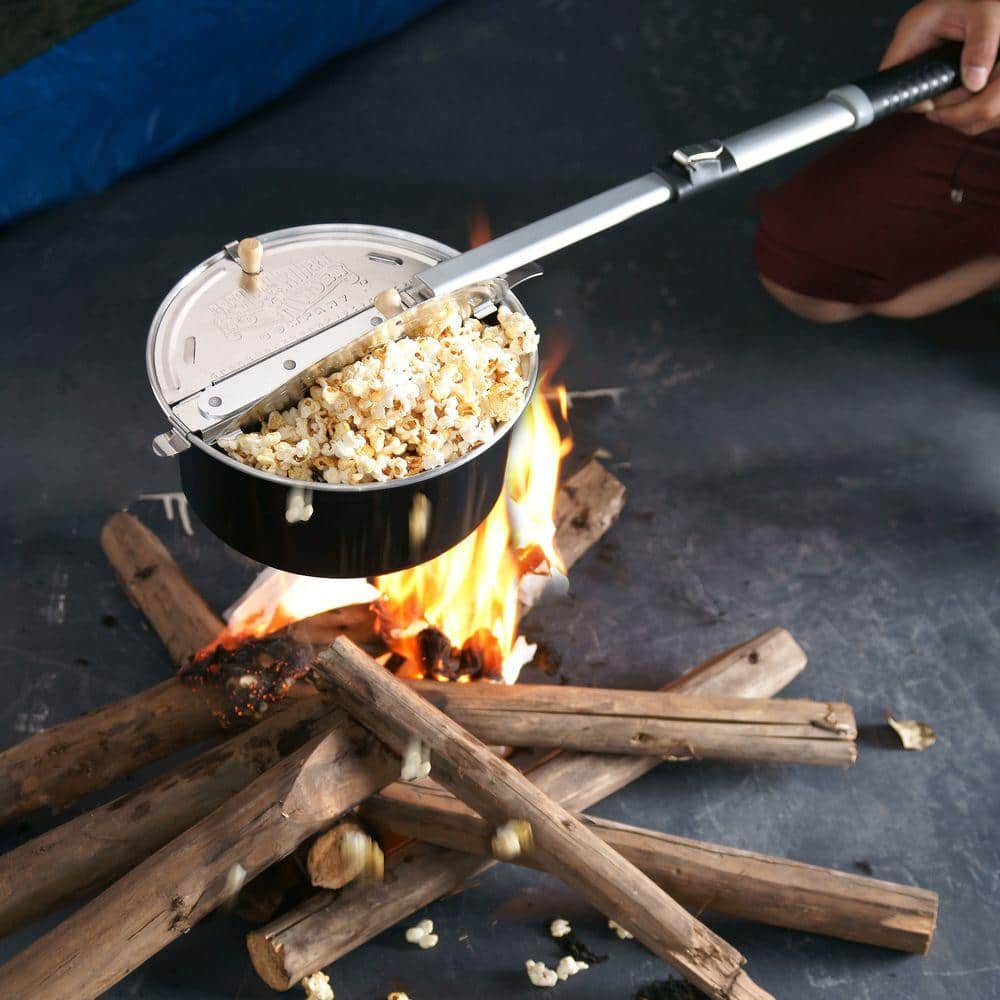 Black Metal Campfire Popcorn Popper with Telescoping Handle