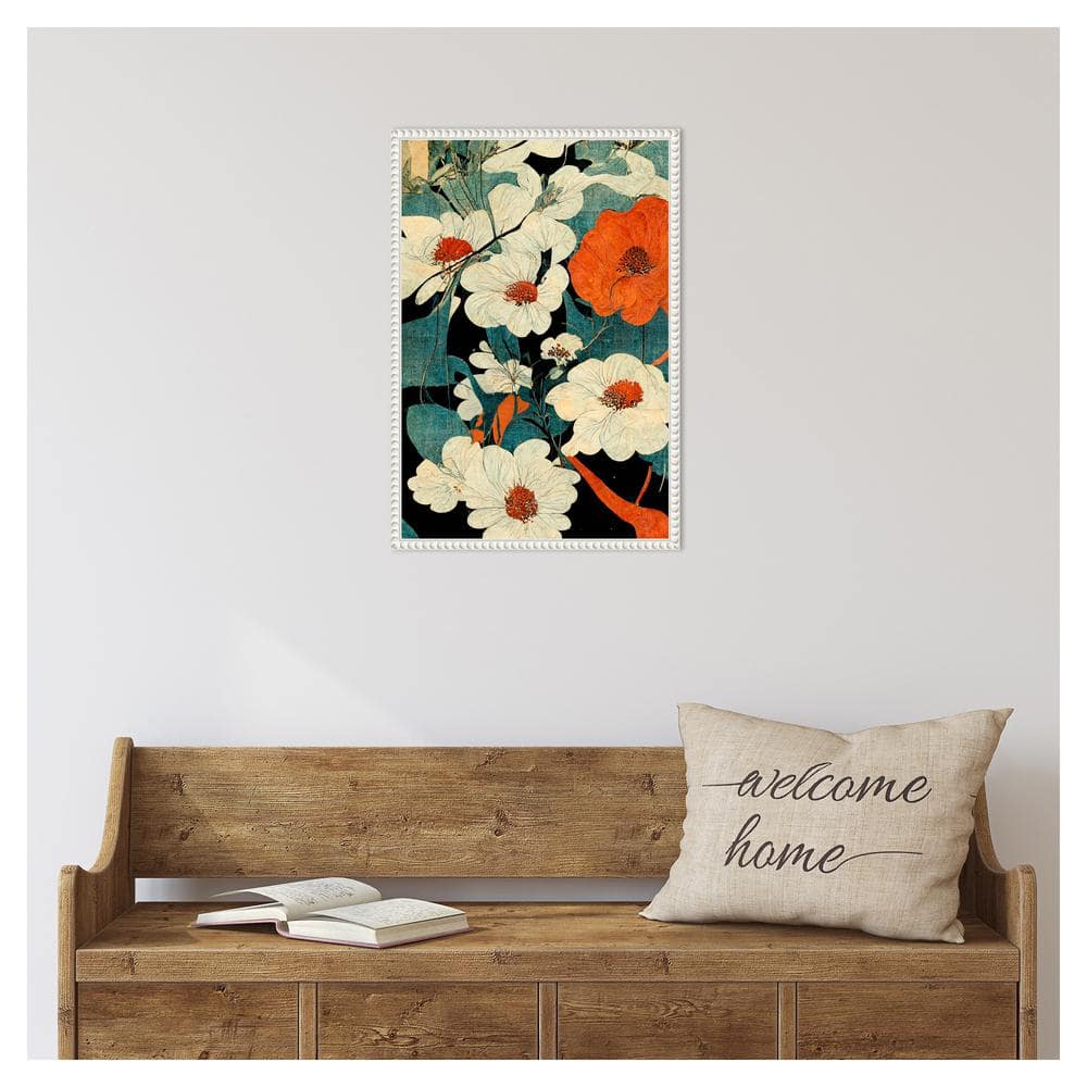 Asian Flowers Beaded Framed Canvas Wall Art Print
