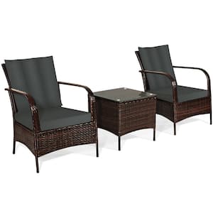 3-Piece Rattan Patio Conversation Set Outdoor Furniture Set with Gray Cushions