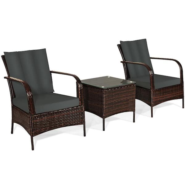 Gymax 3-Piece Rattan Patio Conversation Set Outdoor Furniture Set with Gray Cushions