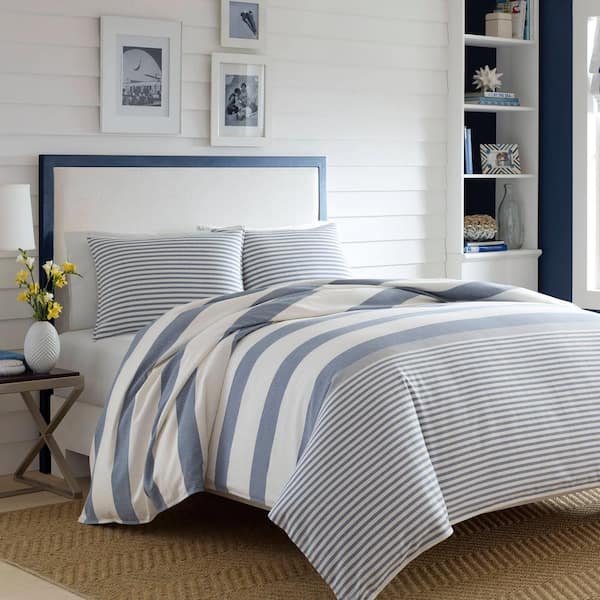 Blue Striped Cotton King Comforter Set, Cotton King Bedding