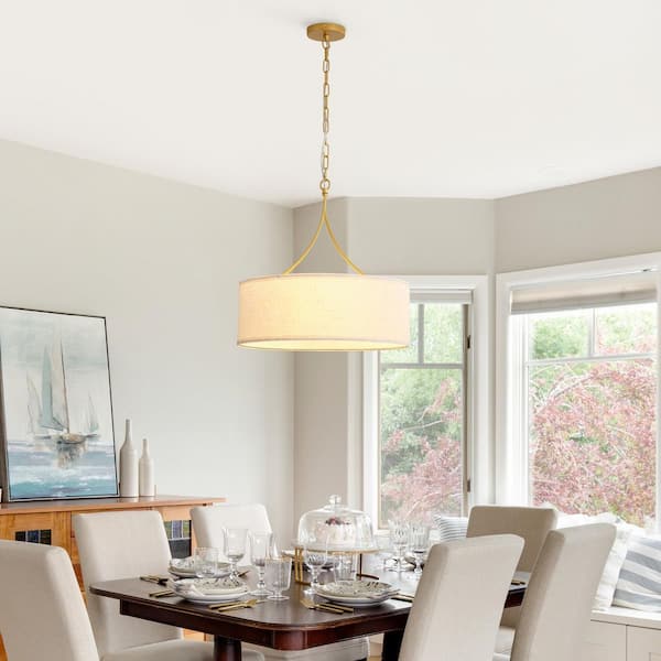 Rerhill 3-Light Gold Modern Pendant Design Chandelier with Fabric Drum Shade for Kitchen Dining Room, No Bulbs Included