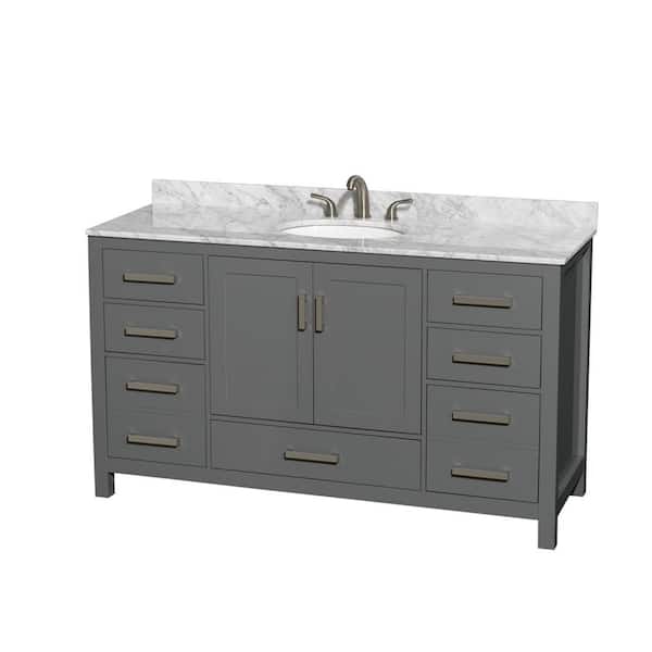 Wyndham Collection Sheffield 60 in. W x 22 in. D x 35 in. H Single Bath Vanity in Dark Gray with White Carrara Marble Top
