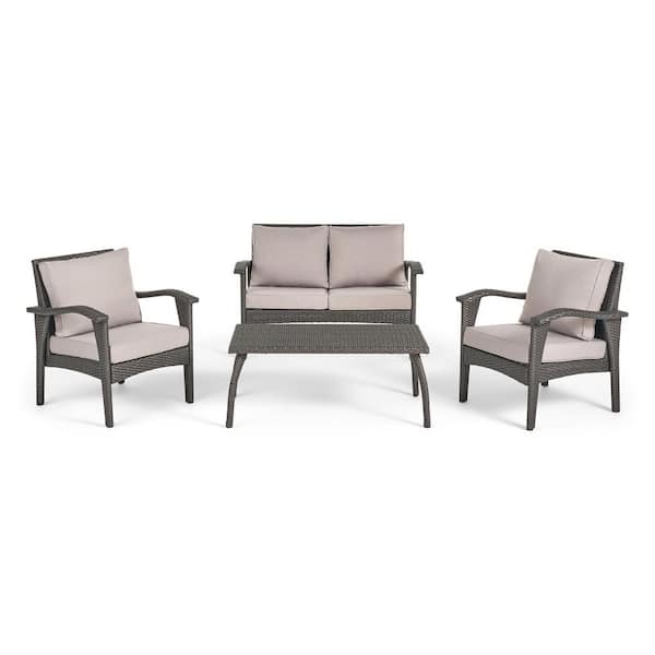 Honolulu Brown 4-Piece Faux Rattan Outdoor Patio Conversation Set with Beige Cushions