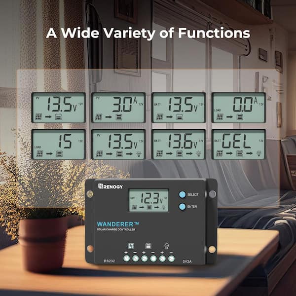 Renogy Wanderer Solar Charge Controller 10A 12V/24V PWM Negative Base Compact Design with LCD Display for AGM Gel Flooded and Lithium Battery 10A Renogy Wanderer Solar Charge Controller 10A 12V/24V PWM Negative Base Compact Design with LCD Display for AGM Gel Flooded and Lithium Battery 10A