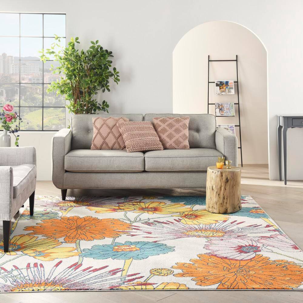 Ivory Multicolor Floral 9' x 12' Synthetic Area Rug