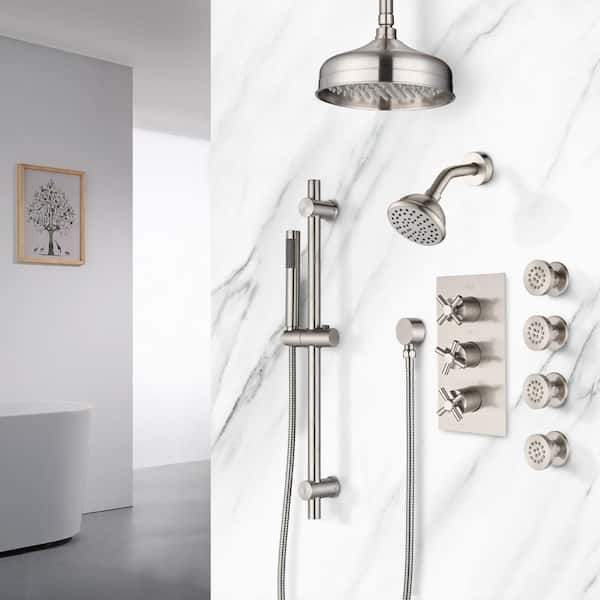 4-Spray Multifunction Deluxe Wall Mount Bathroom Shower System Kit with Hand Shower Body Jet in Brushed Nickel