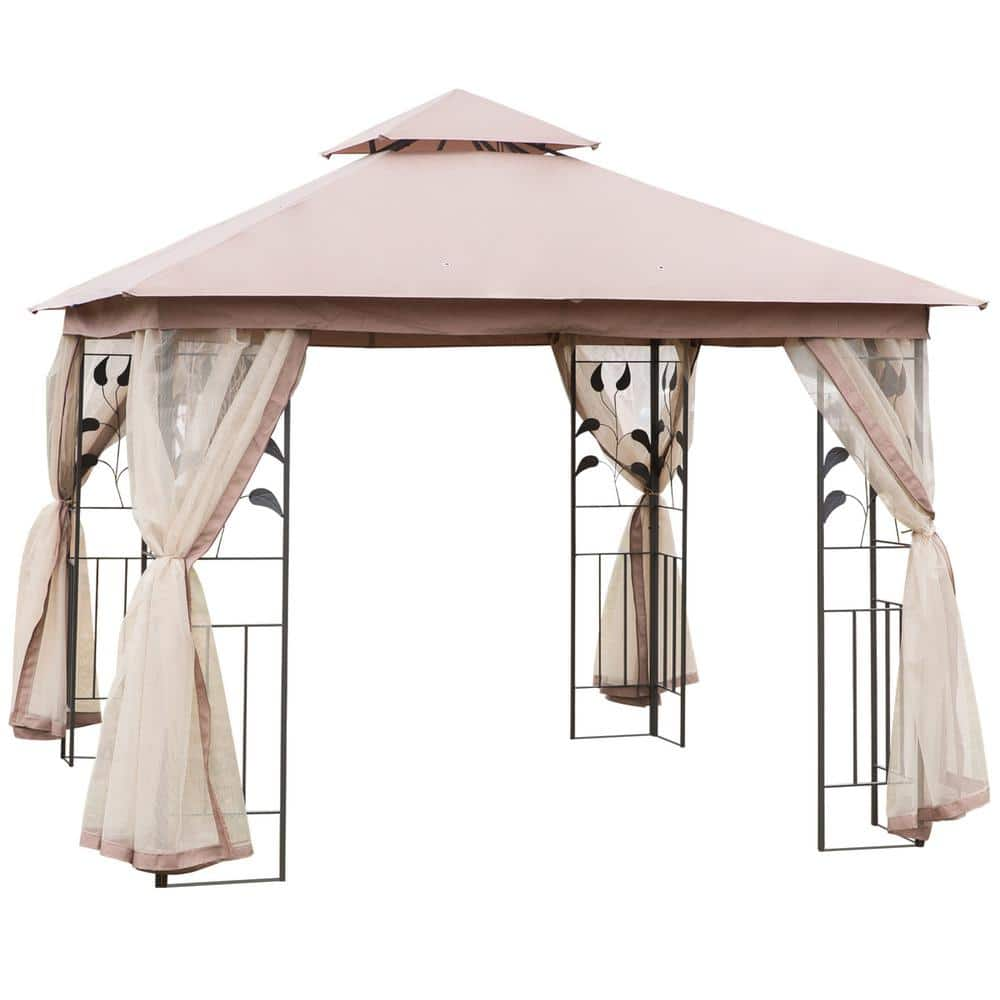 Outsunny 10 ft. x 10 ft. x 8.7' ft Steel Frame Rectangle Outdoor Gazebo with Mesh Curtain Sidewalls & 2-Tiered Vented Top, Brown