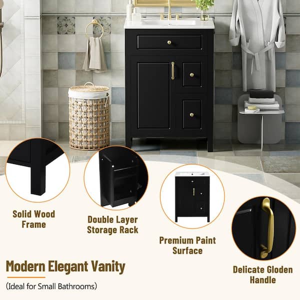 Ziyudura 24 in. Single Sink Freestanding Black Bath Vanity with