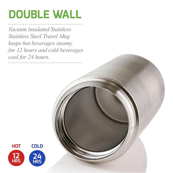OVENTE 16 oz. Silver Stainless Steel Travel Tumbler with Tea Infuser, Vacuum Insulated and Double-Walled, Spill-Proof, BPA-Free