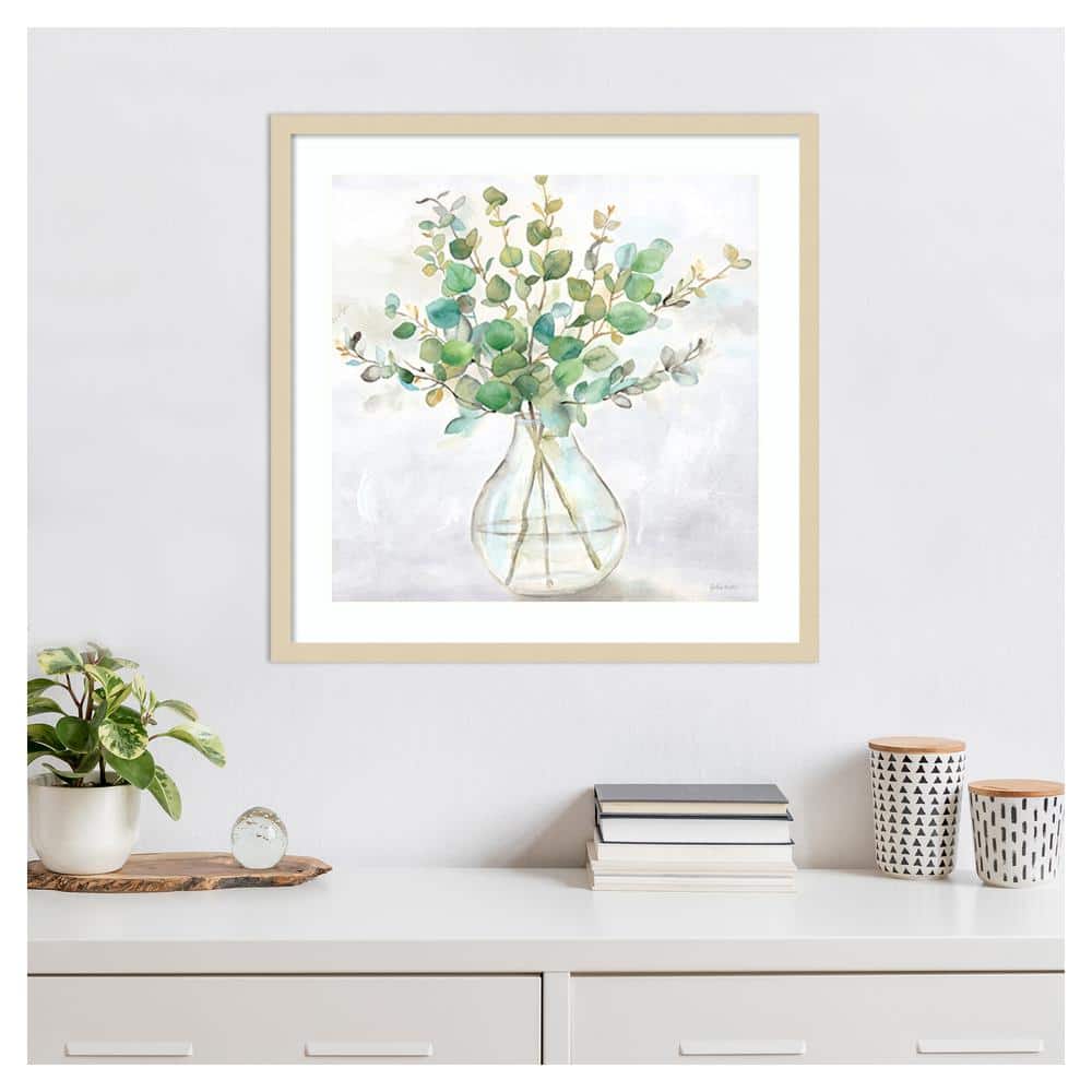 Eucalyptus Vase Watercolor Botanical Art in Beige Wood Frame, 25"x25"