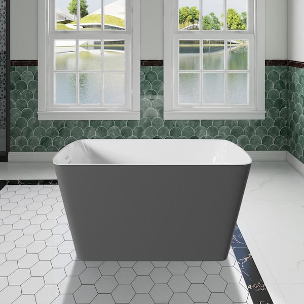 47 in. x 27 in. Acrylic Freestanding Flat Bottom Soaking Bathtub with Pop-Up Drain in Gray