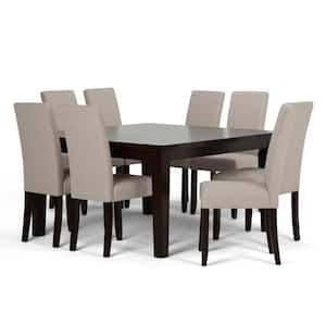 Acadian Transitional 9-Pieces Dining Set w/8-Upholstered Parson Chairs in Light Beige Linen Fabric and 54 in. Wide Table