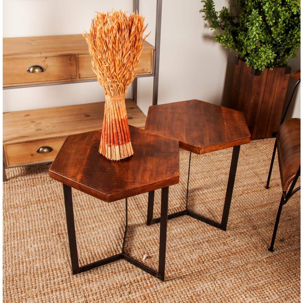 Hexagon Mango Wood and Black Metal Accent Tables, Set of 3