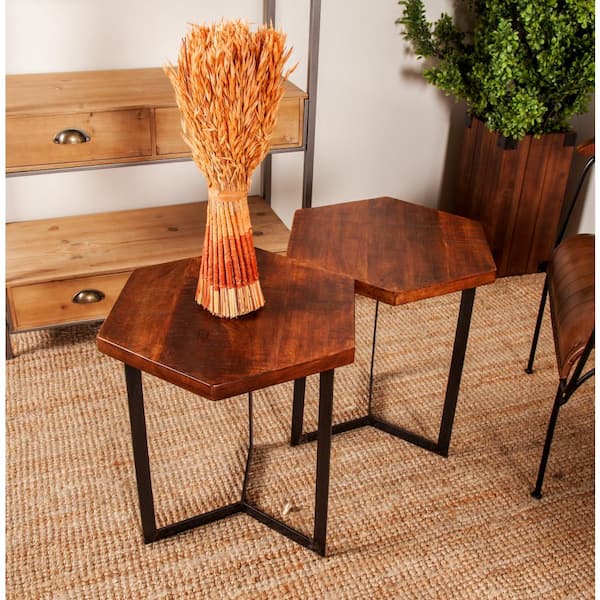Brown Wood Industrial Accent Table Set of 3