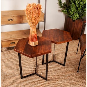 18 in. Brown Hexagon Wood End Table with Black Metal Y-Shaped Bases 3-Pieces
