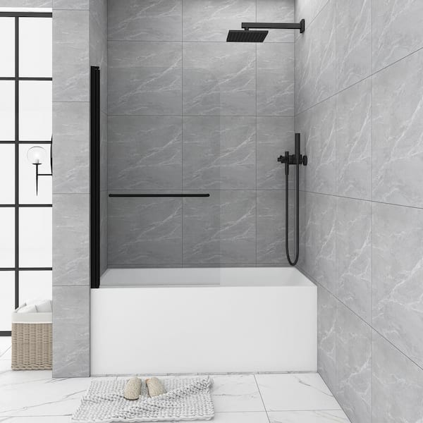 Unbranded 34 in. W x 58 in. H Pivot Semi Frameless Tub Door in Matte Black with Clear Tempered Glass