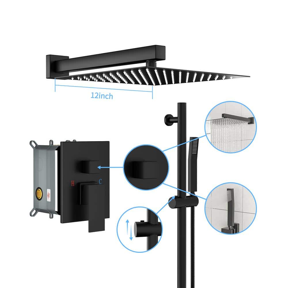 Shower Faucet with Adjustable Slide Bar 12 in. Wall Mounted Square Shower Head with Body Spray in Matte Black price history on PriceWatchPro