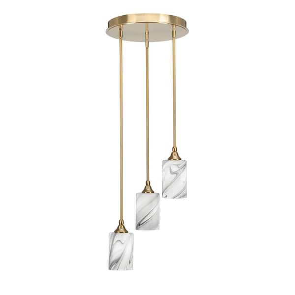 Unbranded Villa 60-Watt in. 3 Light New Age Brass Stem Pendant Light with 4 in. Onyx Swirl Glass Shade, No bulbs included
