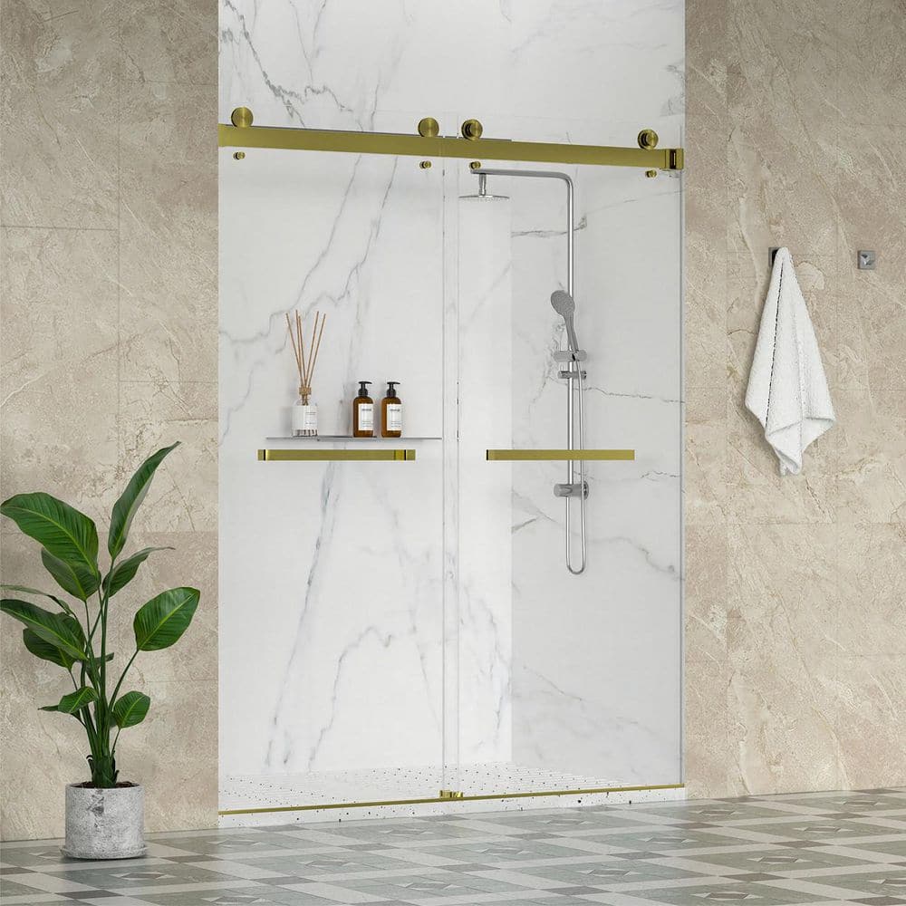 Sola 56-60 in. W x 84 in. H Double Sliding Frameless Shower Door in Brushed Gold with 3/8 in. Clear Glass price history on PriceWatchPro