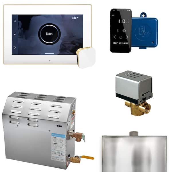 Mr. Steam MS (XButler) 6 kW (6000-Watt) Steam Shower Generator Package with iSteamX Control in White Satin Brass