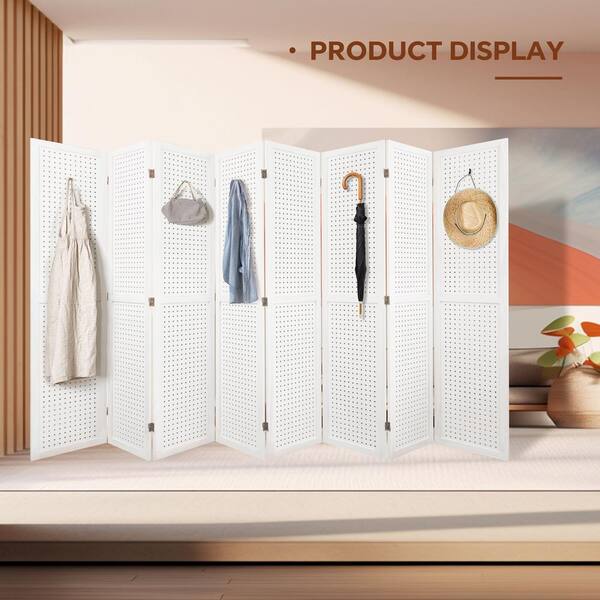 Aoibox White 8 Panel Room Divider 5.6 ft. Pegboard Display