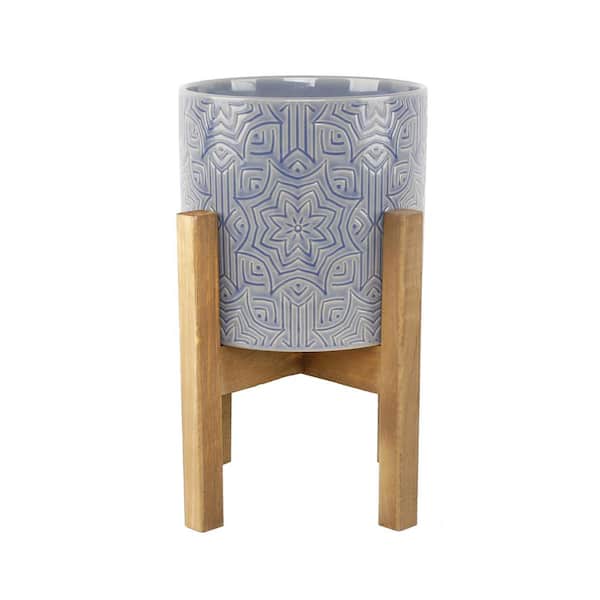 Flora Bunda 10 in. Star Ceramic Planter On Wood Stand