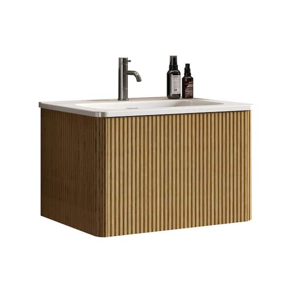 24 in. Wall Mount Modern Single Sink Striped Oak Bath Vanity with One-Piece White Ceramic Sink Top Sink Pre-assembled