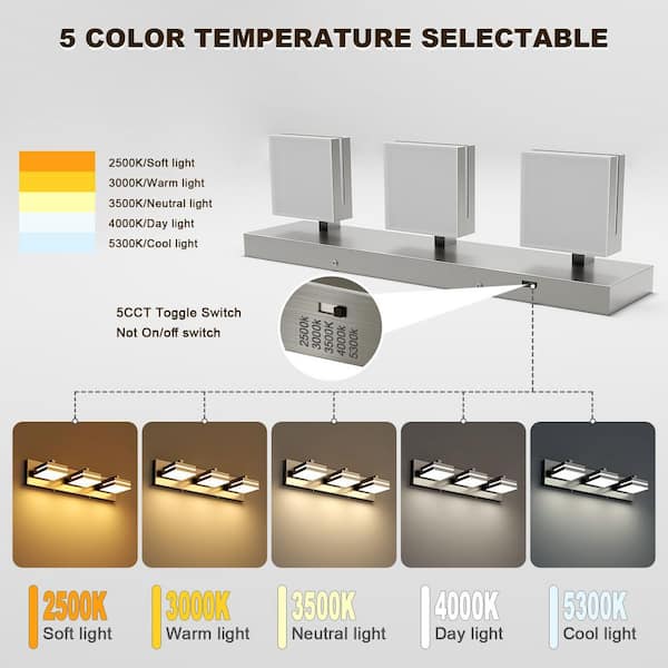 19.69 in. 3-Light Nickel LED Vanity Light with 5-CCT Adjustable Switch and Acrylic Lampshade